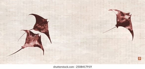 Minimalist ink painting of three manta rays on vintage background. Hieroglyph - happiness