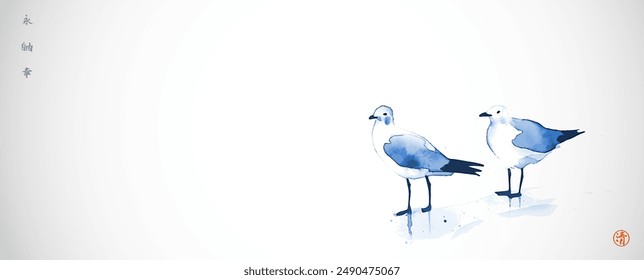 Minimalist ink painting with two blue seagulls. Traditional oriental ink painting sumi-e, u-sin, go-hua. Hieroglyphs - eternity, freedom, happiness, clarity