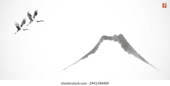 Minimalist ink painting with two cranes flying over the Fuj mountain. Traditional Japanese ink wash painting sumi-e. Hieroglyph - happiness