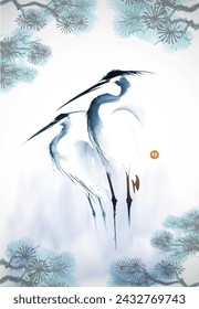 Pintura en tinta minimalista con dos garzas en la niebla y ramas de pino. Tinta oriental tradicional pintura sumi-e, u-sin, go-hua. Traducción de hieroglyph - zen.