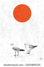 Minimalist ink painting with two seagulls and big red sun on rice paper background. Traditional oriental ink painting sumi-e, u-sin, go-hua. Hieroglyph - happiness