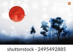 Minimalist ink wash painting of blue misty trees and big red sun on white glowing background. Traditional Japanese ink wash painting sumi-e. Translation of hieroglyph - zen.