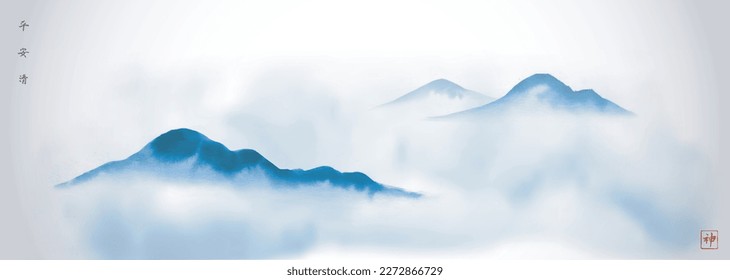 Pintura minimalista de tintas con montañas azules en niebla. Paisaje panorámico en tintas tradicionales orientales pintando sumi-e, u-sin, estilo go-hua. Jeroglíficos - paz, tranquilidad, claridad, espíritu.