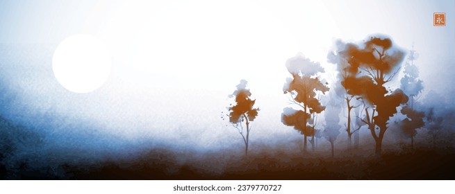 Minimalist ink wash painting of blue misty trees. Traditional Japanese ink wash painting sumi-e. Translation of hieroglyph - zen.