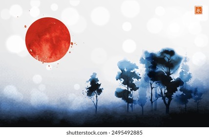 Minimalist ink wash painting of blue misty trees and big red sun on white glowing background. Traditional Japanese ink wash painting sumi-e. Translation of hieroglyph - zen.