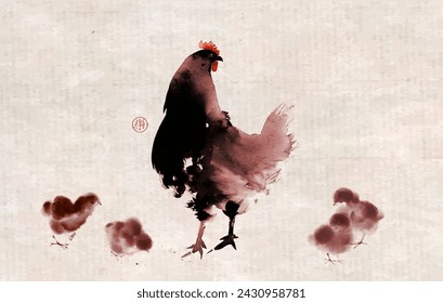 Minimalist ink wash painting with a hen and her chicks. Traditional oriental ink painting sumi-e, u-sin, go-hua on vintage background. Hieroglyph - joy.