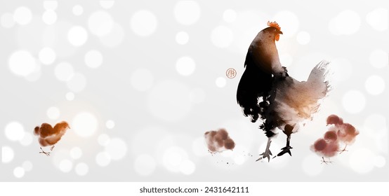 Pintura minimalista del lavado de la tinta con una gallina y sus polluelos en fondo blanco brillante. Tinta oriental tradicional pintura sumi-e, u-sin, go-hua. Jeroglífico - alegría