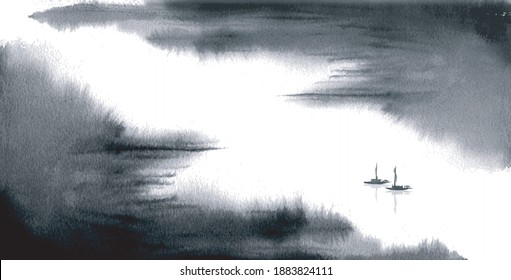 Minimalist ink wash painting landscape with fishing boats on big river. Traditional Japanese ink wash painting sumi-e