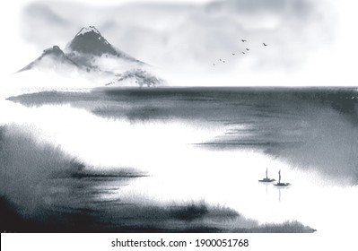 Ink Wash Mountains Rivers High Res Stock Images Shutterstock