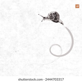 Minimalist ink wash painting of a snail's journey on rice paper background. Traditional oriental ink painting sumi-e, u-sin, go-hua. Translation of hieroglyph - zen.