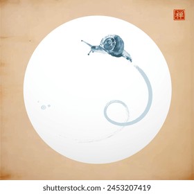 Minimalist ink wash painting of a snail's journey in white circle on vintage background. Traditional oriental ink painting sumi-e, u-sin, go-hua. Translation of hieroglyph - zen.