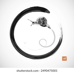 Minimalist ink wash painting of a snail's journey in black enso zen circle. Traditional oriental ink painting sumi-e, u-sin, go-hua. Translation of hieroglyph - zen.