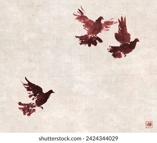 Minimalist ink wash painting with tree sepia toned doves on vintage background. Traditional oriental ink painting sumi-e, u-sin, go-hua. Translation of hieroglyph - zen.