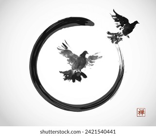 Minimalist ink wash painting with two doves flying out of the in black enso zen circle on white background. Traditional oriental ink painting sumi-e, u-sin, go-hua. Translation of hieroglyph - zen.