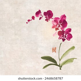 Minimalistische Tintenwäsche-Malerei mit leuchtend rosa Phalaenopsis Orchidee auf Vintage-Hintergrund. Traditionelle orientalische Tintenmalerei sumi-e, u-sin, go-hua. Übersetzung von Hieroglyphe - Orchidee.