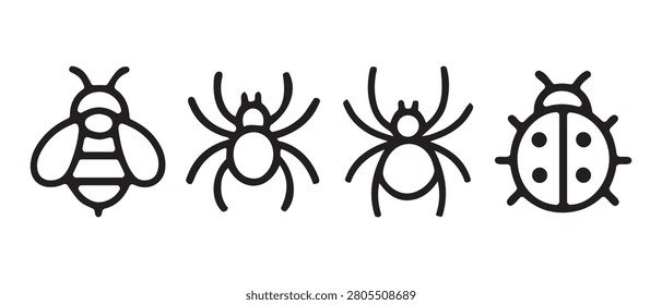 Minimalist Insect and Arachnid Icon Set Featuring Bee Spider and Ladybug Outline Vector Graphics.