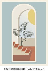 Minimalist interior architecture view through window. Balcony mediterranean poster. Bohemian style wall decor.