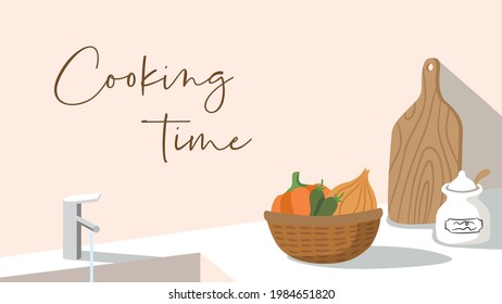 Minimalist interior background with cute flat illustration of chopping board, sugar bowl and vegetables.