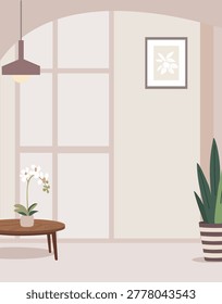Minimalist interior background with Soft light hangs above a large window. Small table holds a delicate orchid. Tall cactus stands beside the wall. Framed leaf design adds calm elegance. 