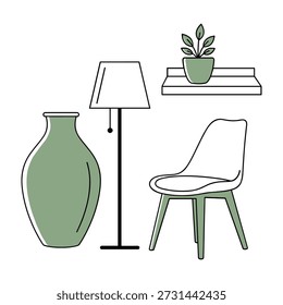 Elementos de design de interiores minimalistas com uma lâmpada de vaso e cadeira alta curvada