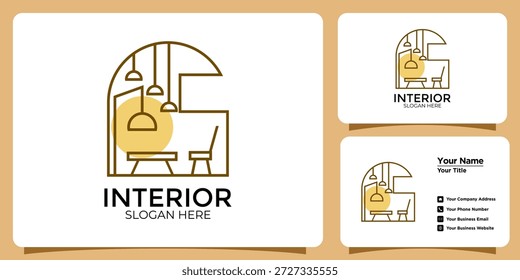 Minimalist Interior Design Logo featuring Dining Table, Chair, and Multiple Hanging Lamps Icon for Cafe, Furniture Shop, and Home Styling Studio