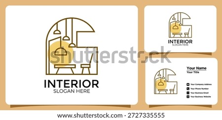 Minimalist Interior Design Logo featuring Dining Table, Chair, and Multiple Hanging Lamps Icon for Cafe, Furniture Shop, and Home Styling Studio