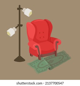 Minimalist interior design. Red armchair with carpet and lamp
