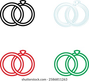 Minimalist interlocking circles, geometric wedding rings, simple line art, bold colors, black and white, red, green, blue outlines, clean design, vector graphics, symmetrical shapes, abstract logo con