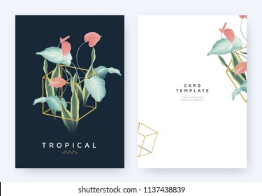 Minimalist invitation card template design, tropical plants and red Anthurium flowers in golden polygon geometric cube shape on dark blue background, pastel vintage style