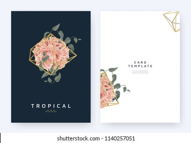 Minimalist invitation card template design, tropical plants and red dahlia flower in golden polygon geometric shape on dark blue background, pastel vintage style