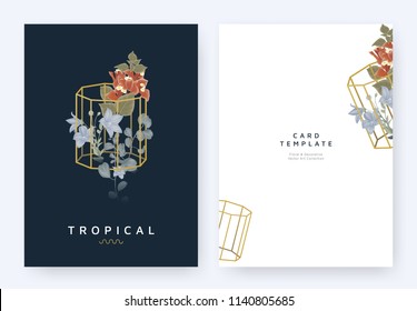 Minimalist invitation card template design, tropical plants and red Bougainvillea, purple Platycodon or balloon flowers in golden polygon geometric shape on dark blue background, pastel vintage style Minimalist invitation card template design, tropical plants and red Bougainvillea, purple Platycodon or balloon flowers in golden polygon geometric shape on dark blue background, pastel vintage style