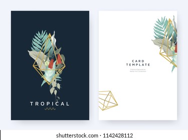 Minimalist invitation card template design, tropical plants and red Lapageria rosea flowers in golden polygon geometric diamond shape on dark blue background, pastel vintage style