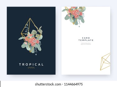 Minimalist invitation card template design, tropical plants and red Euphorbia milii flowers in golden polygon geometric shape on dark blue background, pastel vintage style