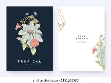 Minimalist invitation card template design, tropical plants and red Tropaeolum flowers in golden polygon geometric shape on dark blue background, pastel vintage style