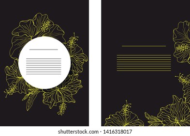 Minimalist invitation card template design, circle floral wreath, line art ink drawing in gold. Vector art template