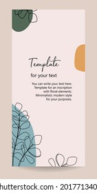 Minimalist invitation card template design, floral black line art ink drawing. A botanical style. Black contour and colored geometric shapes on a light background.