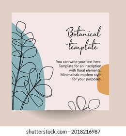 Minimalist invitation card template design, floral black line art ink drawing. A botanical style. Black contour and colored geometric shapes on a light background.