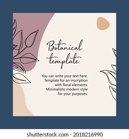 Minimalist invitation card template design, floral black line art ink drawing. A botanical style. Black contour and colored geometric shapes on a light background.