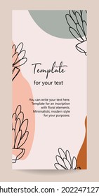 Minimalist invitation card template design, floral black line art ink drawing. A botanical style. Black contour and colored geometric shapes on a light background.