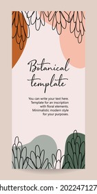 Minimalist invitation card template design, floral black line art ink drawing. A botanical style. Black contour and colored geometric shapes on a light background.