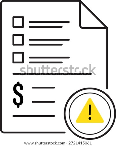 Minimalist invoice due icon featuring a black and white line art document with a yellow warning triangle and exclamation mark, signaling pending or overdue payment. Clean monoline vector style for finance dashboards, billing systems