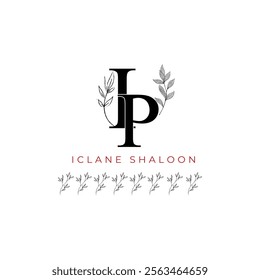 Minimalist IP Monogram with Botanical Illustration.Elegan Initial PI Logo with Floral Element. Wedding logos, hand drawn elegant, delicate and minimalist,black and white vintage logo for beauty shop.