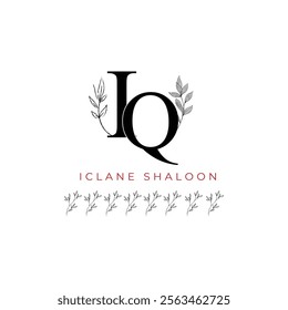 Minimalist IQ Monogram with Botanical Illustration.Elegan Initial QI Logo with Floral Element. Wedding logos, hand drawn elegant, delicate and minimalist,black and white vintage logo for beauty shop.