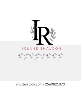 Minimalist IR Monogram with Botanical Illustration.Elegan Initial RI Logo with Floral Element. Wedding logos, hand drawn elegant, delicate and minimalist,black and white vintage logo for beauty shop.
