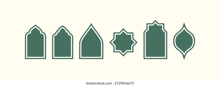 Minimalist Islamic arch and star frames in sage green, perfect for modern Ramadan, Eid, and Arabic invitation card background designs