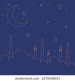 Minimalist islamic background. Luxury gold outline islamic mosque and sky full of stars with big crescent moon. Perfect for greeting cards, posters, and social media posts