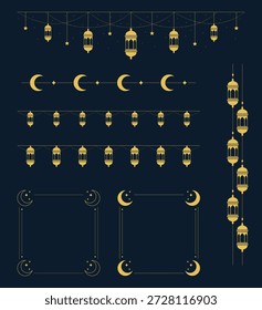 Kit de marcos y bordes decorativos islámicos minimalistas con linternas colgantes doradas, divisores de luna sin costuras y bordes de Vertical lateral sobre fondo marino