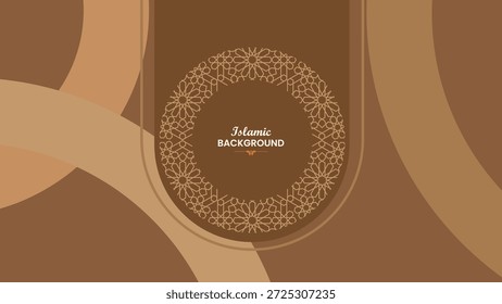 Fundo minimalista de Mandala islâmico em cores castanho e bege quentes com ornamento geométrico circular e formas curvas em camadas para fundo de banner do Ramadã