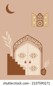 MInimalist and Islamic style. Moroccan scene. A Moroccan Palace, doors, windows and traditional craftsmanship. Terracotta background. Vector illustration.	
