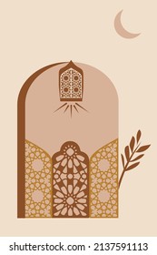 MInimalist and Islamic style. Moroccan scene. A Moroccan Palace, doors, windows and traditional craftsmanship. Terracotta background. Vector illustration.	

